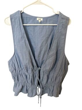 Aerie Drawstring Smocked Swing Tank Top Periwinkle Blue Deep V Sleeveless Sz XL